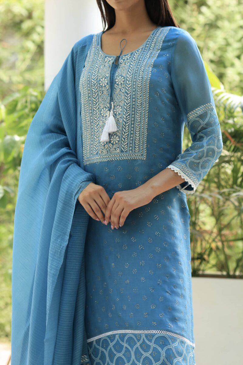 Blue Noor Organza Silk Chikankari With Mukaish Kamdani Ready to Wear Kurta Set