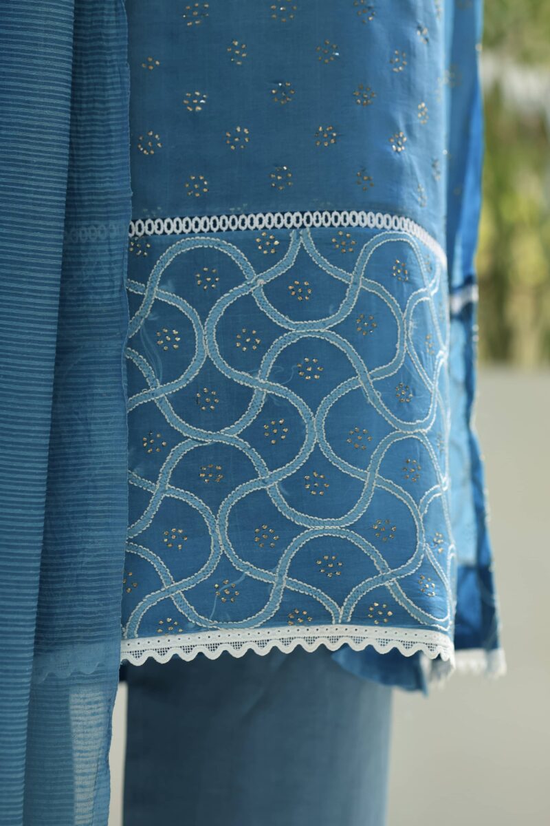 Blue Noor Organza Silk Chikankari With Mukaish Kamdani Ready to Wear Kurta Set