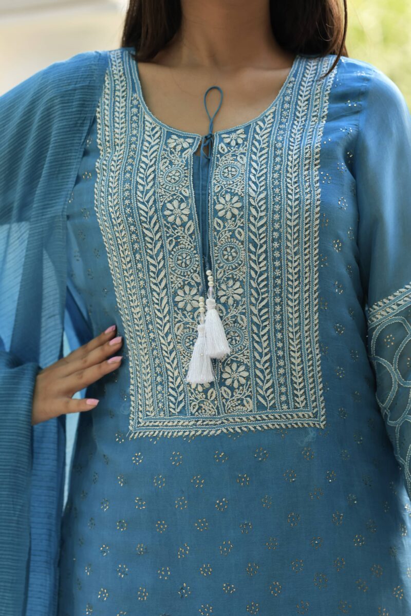 Blue Noor Organza Silk Chikankari With Mukaish Kamdani Ready to Wear Kurta Set