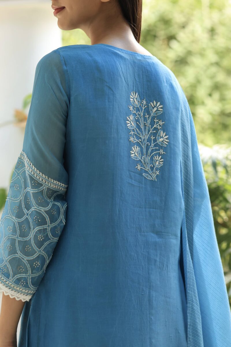 Blue Noor Organza Silk Chikankari With Mukaish Kamdani Ready to Wear Kurta Set