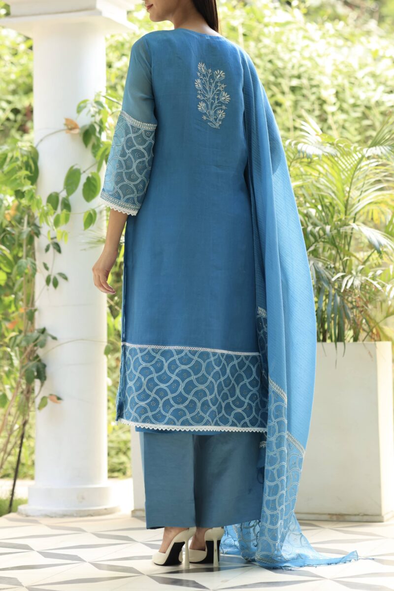 Blue Noor Organza Silk Chikankari With Mukaish Kamdani Ready to Wear Kurta Set
