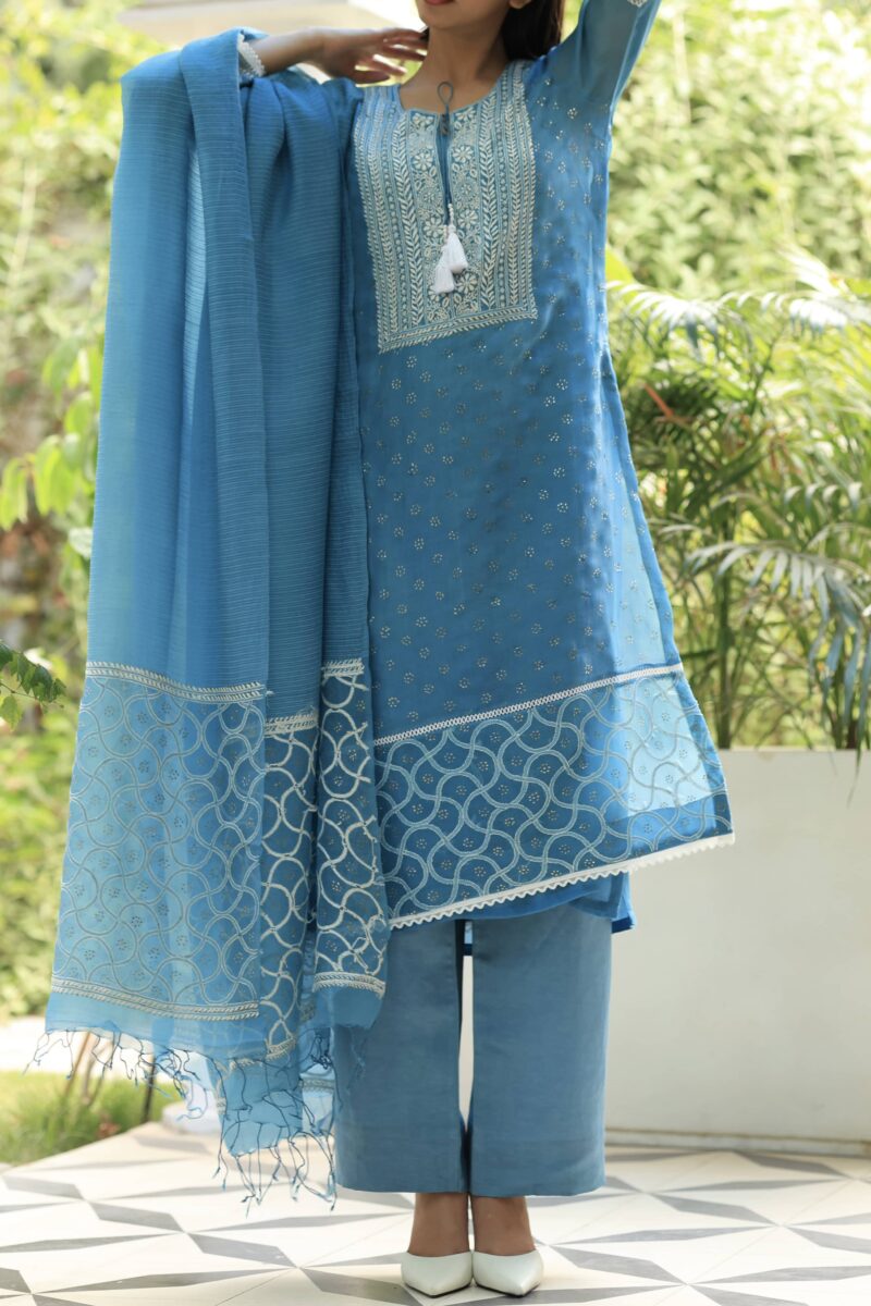 Blue Noor Organza Silk Chikankari With Mukaish Kamdani Ready to Wear Kurta Set