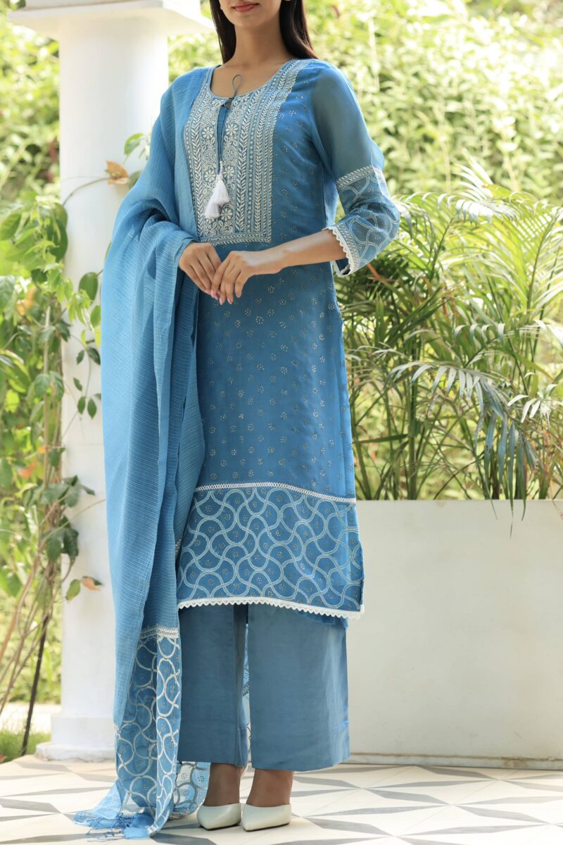 Blue Noor Organza Silk Chikankari With Mukaish Kamdani Ready to Wear Kurta Set