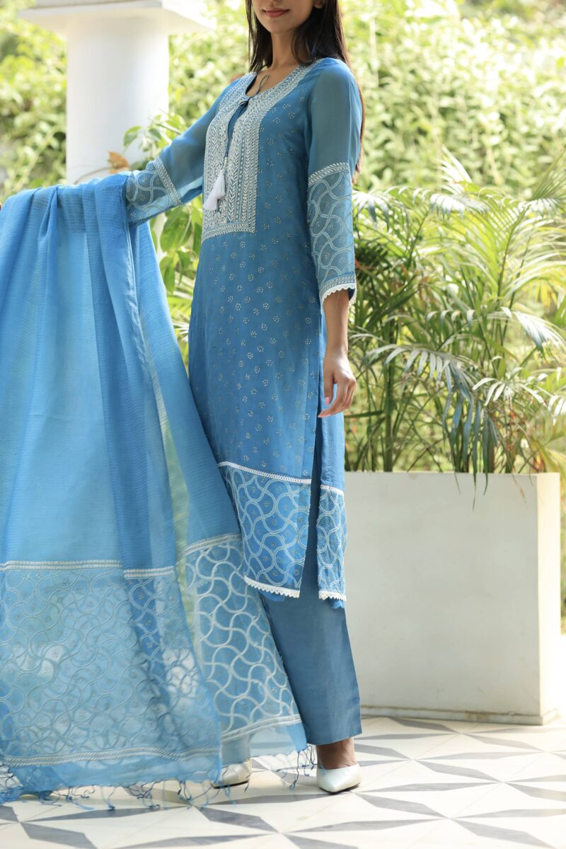 Blue Noor Organza Silk Chikankari With Mukaish Kamdani Ready to Wear Kurta Set