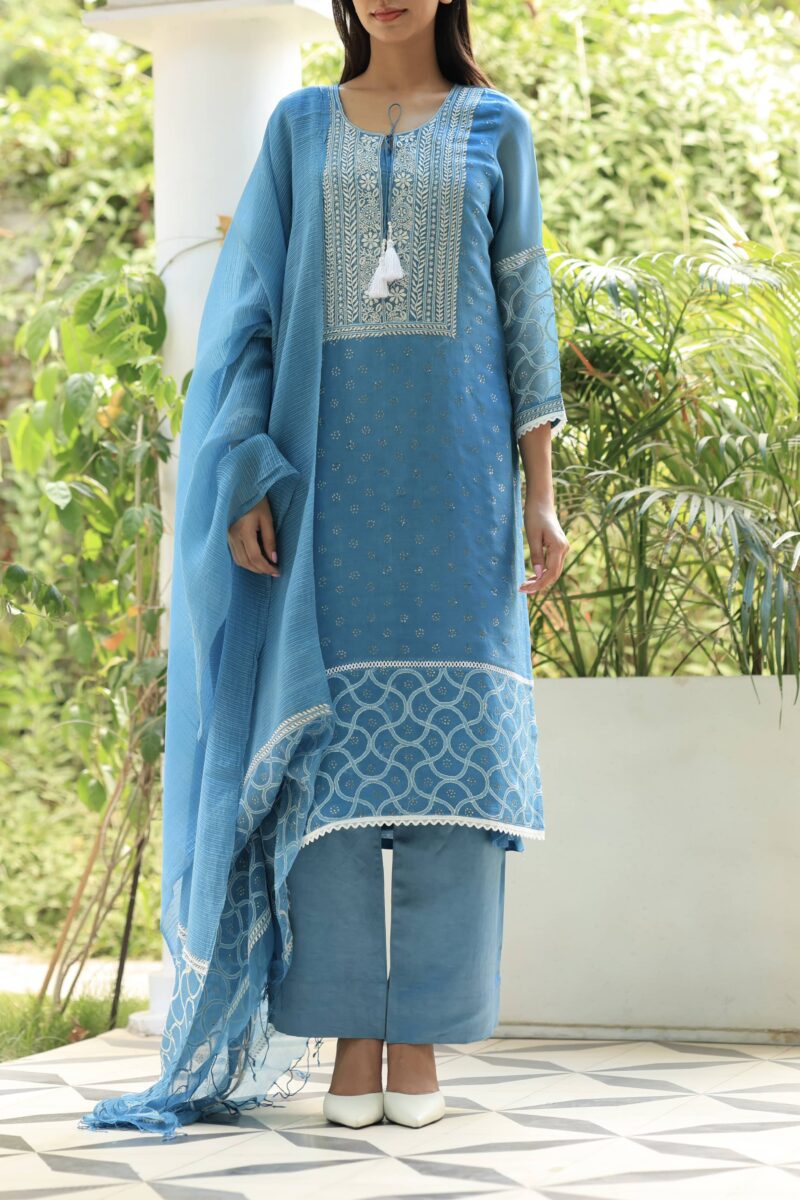 Blue Noor Organza Silk Chikankari With Mukaish Kamdani Ready to Wear Kurta Set