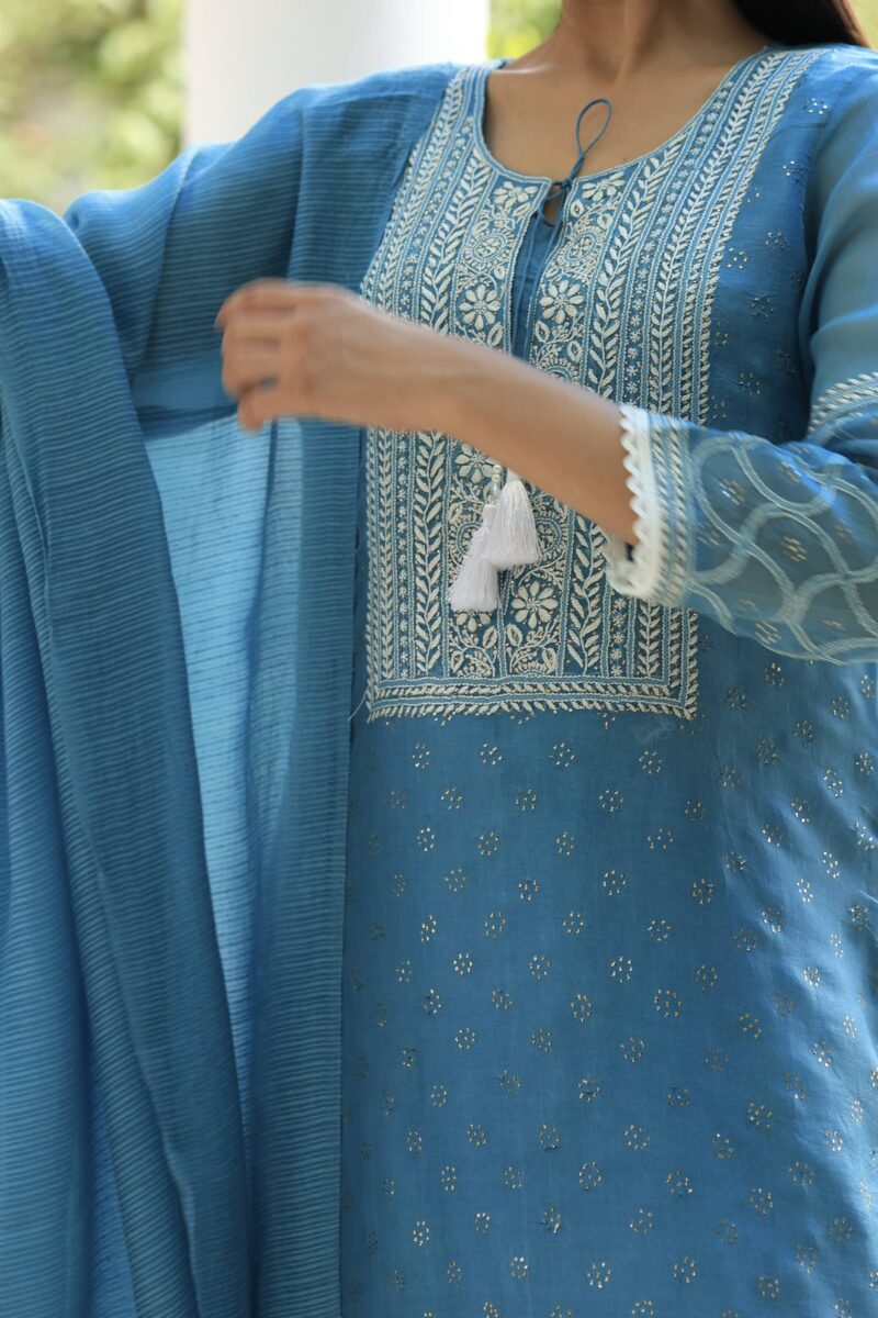 Blue Noor Organza Silk Chikankari With Mukaish Kamdani Ready to Wear Kurta Set