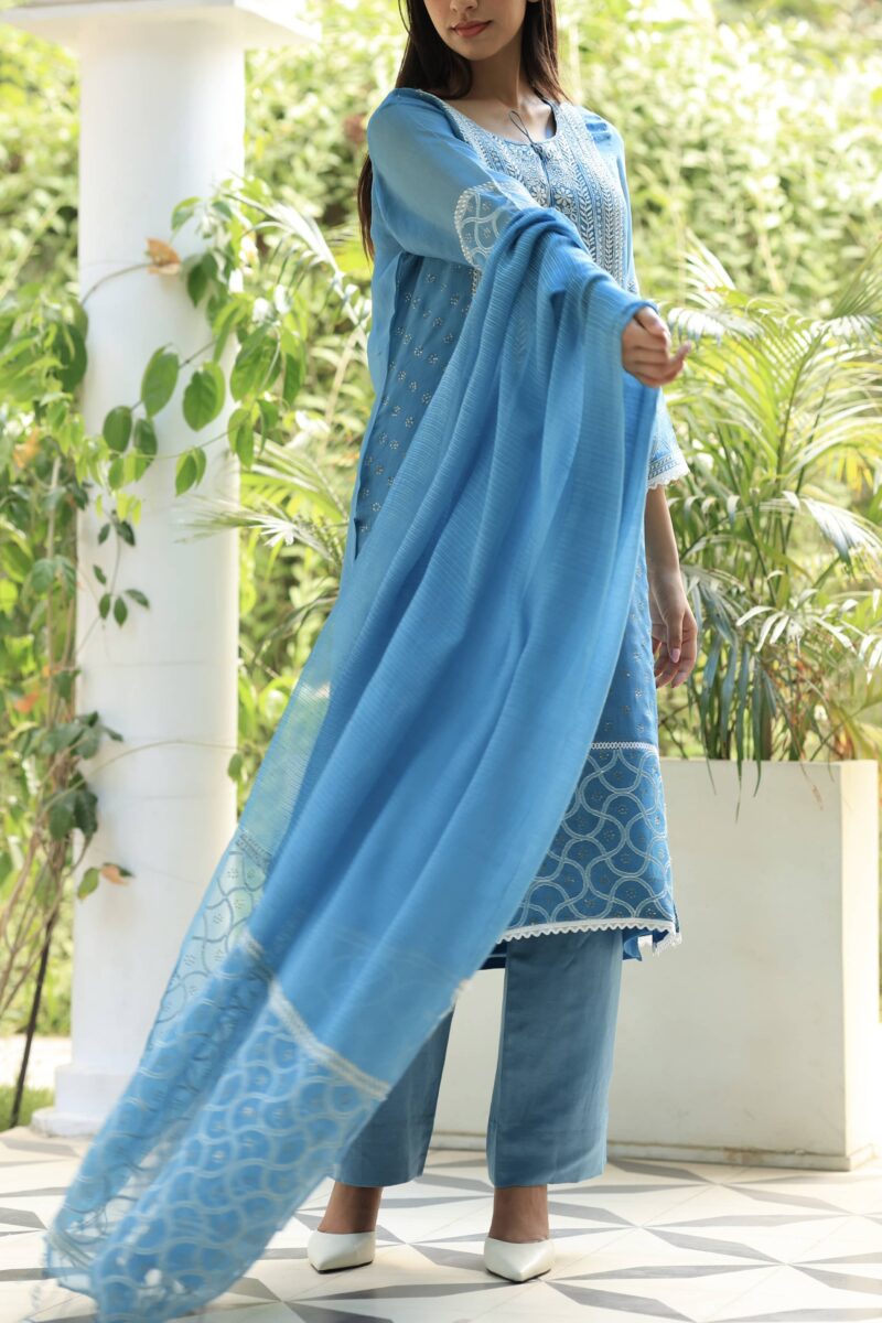 Blue Noor Organza Silk Chikankari With Mukaish Kamdani Ready to Wear Kurta Set