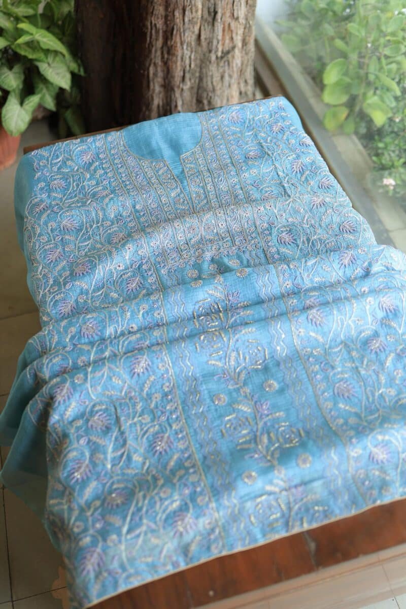 Blue Rasm Kota Tussar Chikankari Unstitched Chikankari Fabrics
