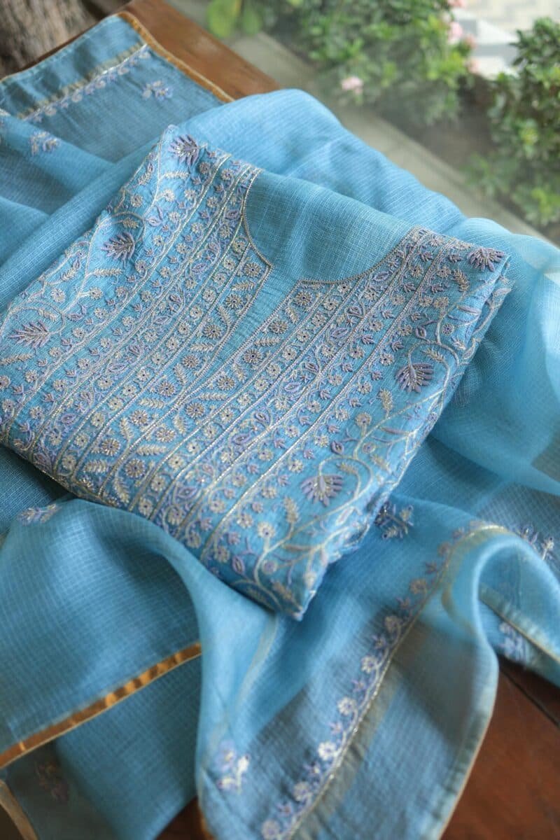 Blue Rasm Kota Tussar Chikankari Unstitched Chikankari Fabrics