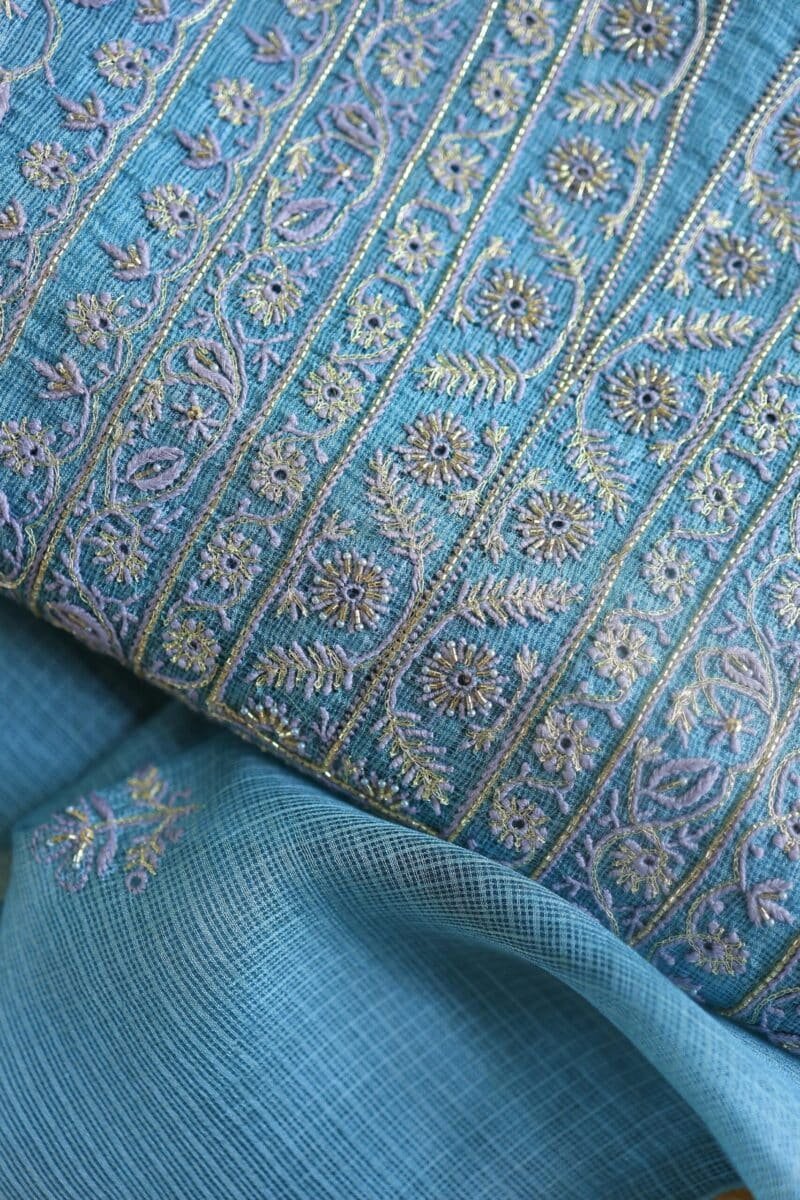 Blue Rasm Kota Tussar Chikankari Unstitched Chikankari Fabrics