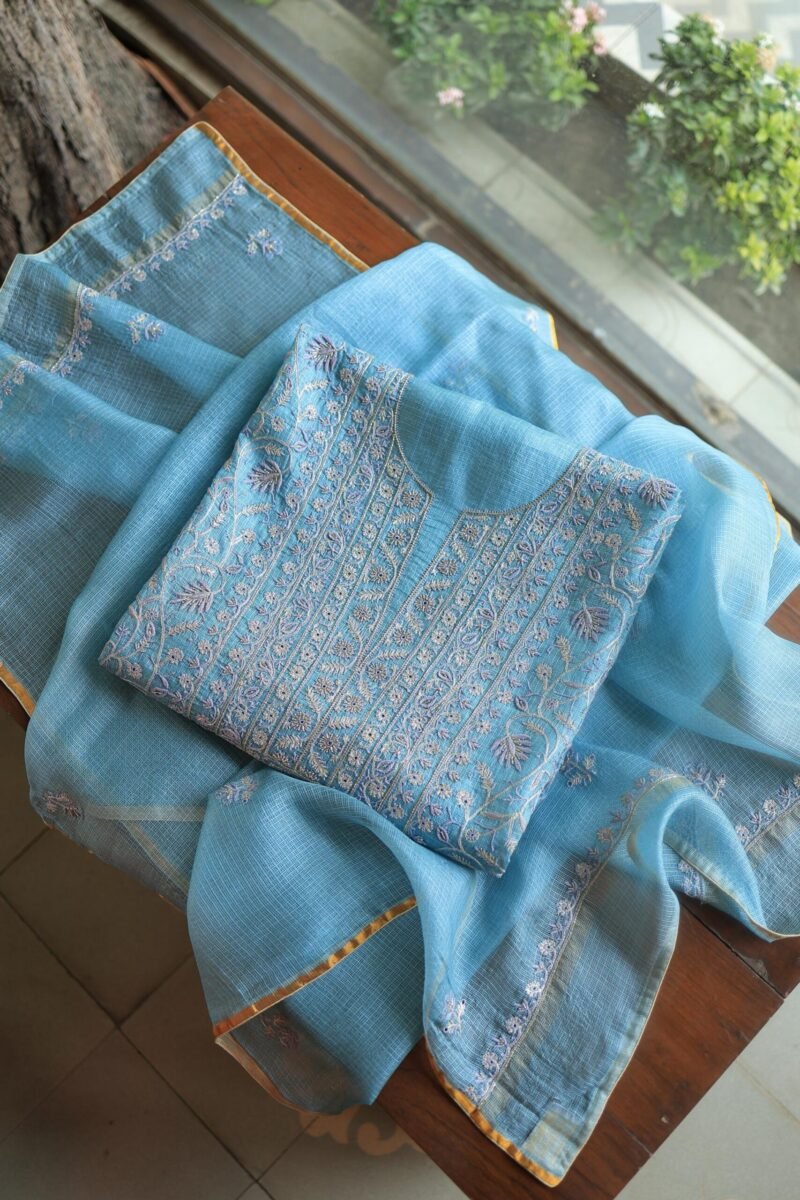 Blue Rasm Kota Tussar Chikankari Unstitched Chikankari Fabrics