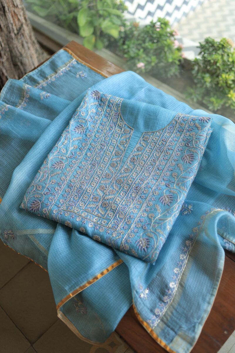 Blue Rasm Kota Tussar Chikankari Unstitched Chikankari Fabrics