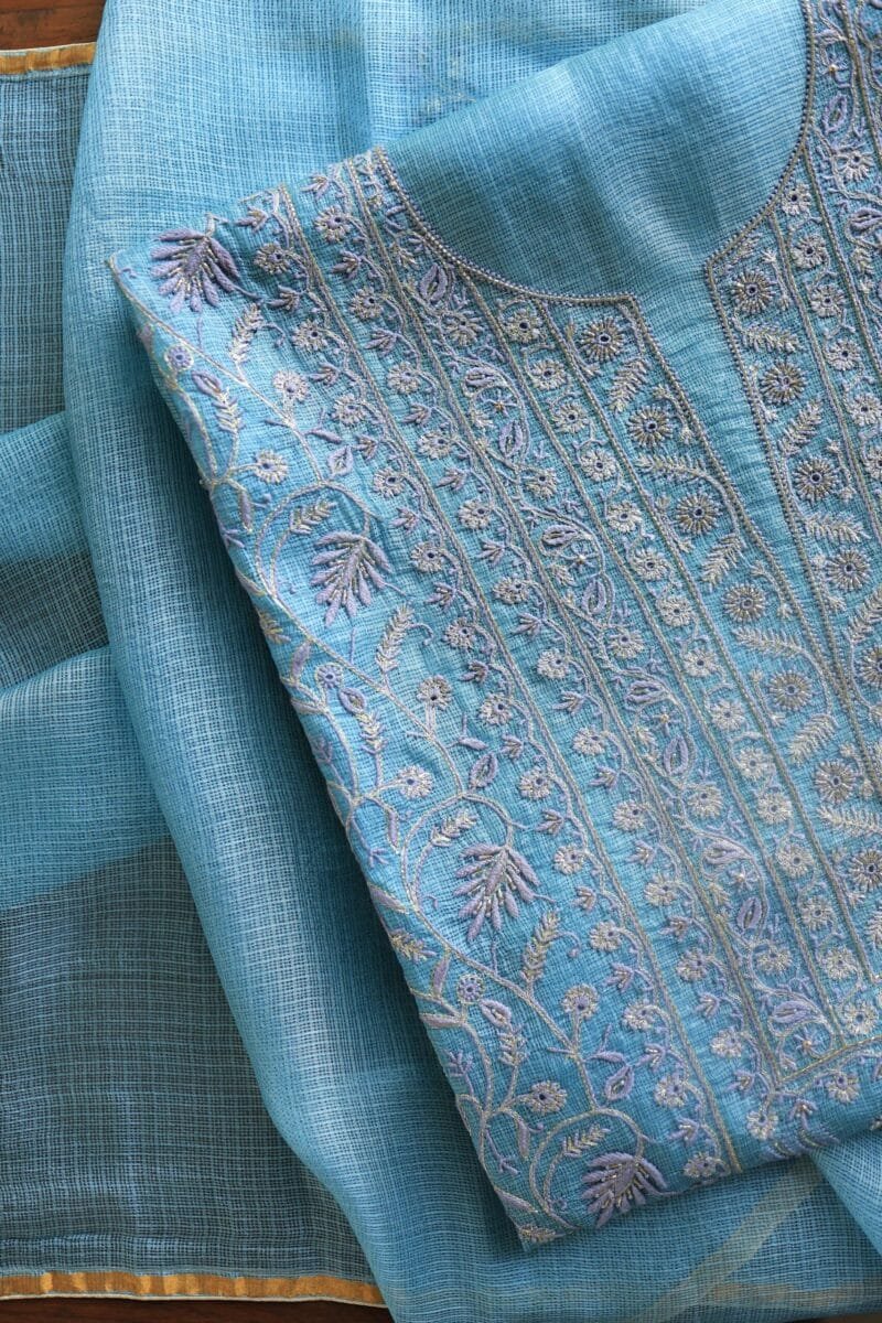 Blue Rasm Kota Tussar Chikankari Unstitched Chikankari Fabrics