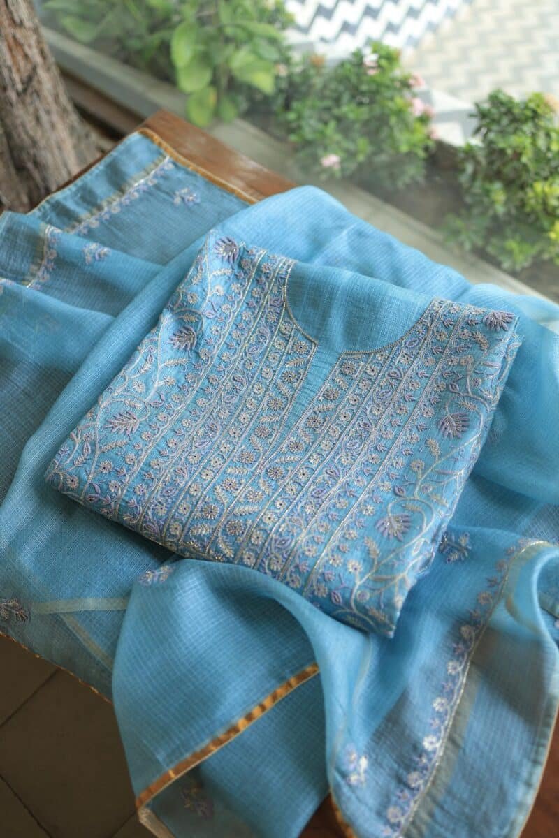 Blue Rasm Kota Tussar Chikankari Unstitched Chikankari Fabrics