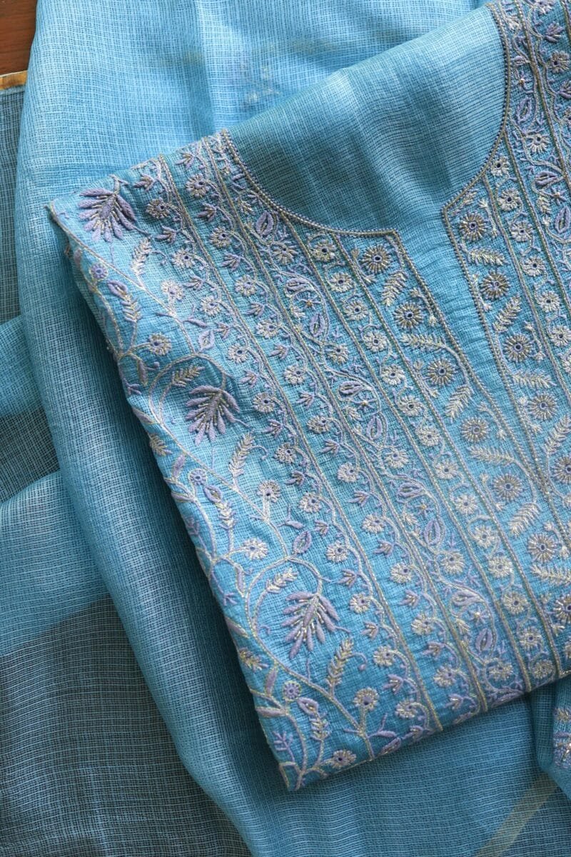 Blue Rasm Kota Tussar Chikankari Unstitched Chikankari Fabrics