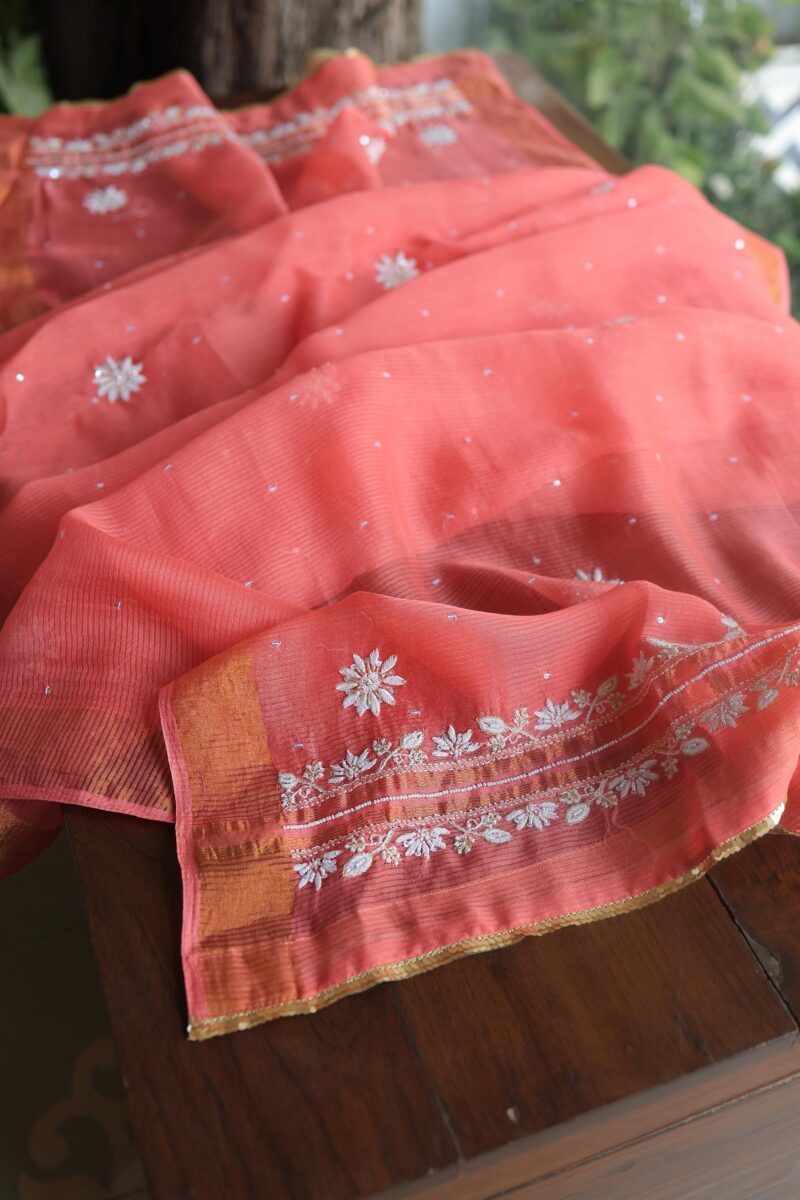 Carrot Pink Banarasi Zari Chanderi Unstitched Chikankari Fabrics