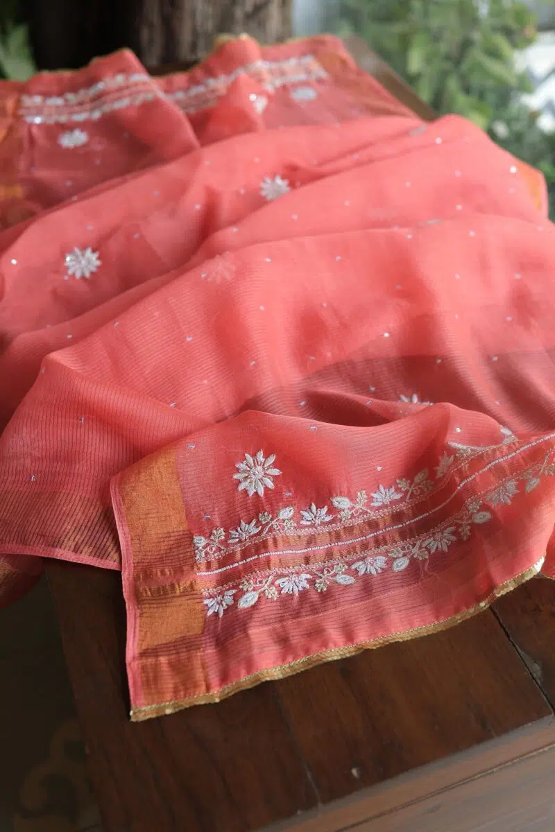 Carrot Pink Banarasi Zari Chanderi Unstitched Chikankari Fabrics