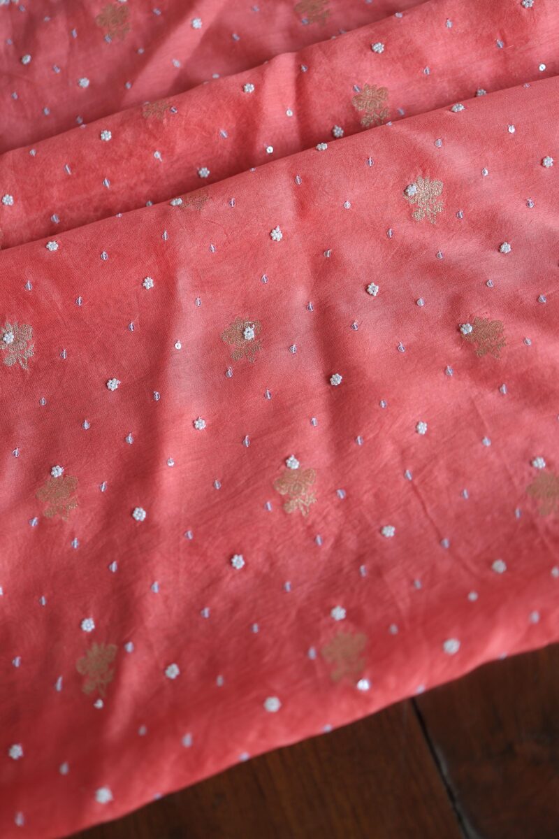 Carrot Pink Banarasi Zari Chanderi Unstitched Chikankari Fabrics
