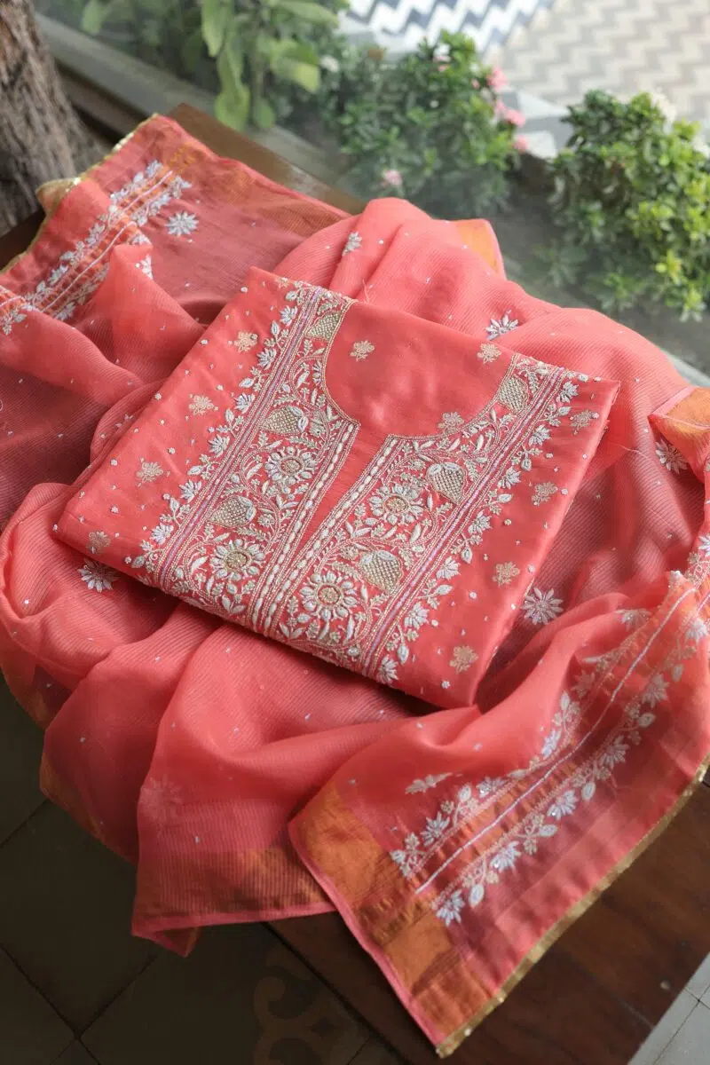 Carrot Pink Banarasi Zari Chanderi Unstitched Chikankari Fabrics