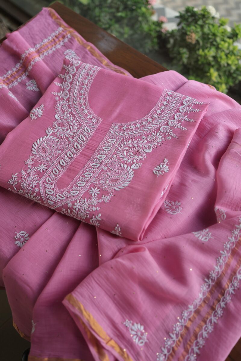 Dark Pink Mal Cotton Chikankari Unstitched Kurta Dupatta Fabrics With Kamdani