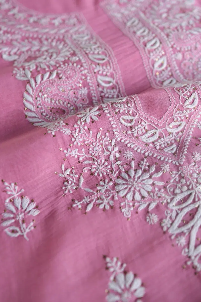 Dark Pink Mal Cotton Chikankari Unstitched Kurta Dupatta Fabrics With Kamdani