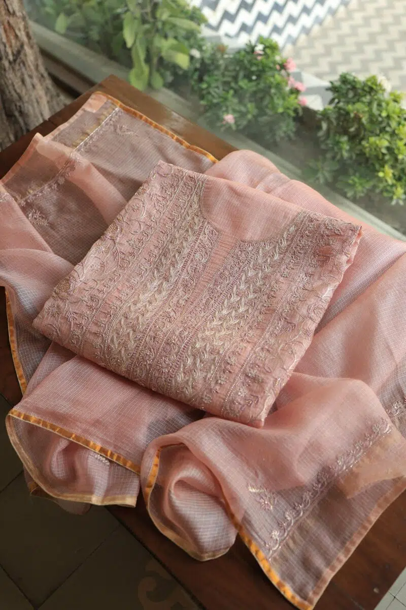 Dusty Rose Shade Rasm Kota Tussar Chikankari Unstitched Chikankari Fabrics