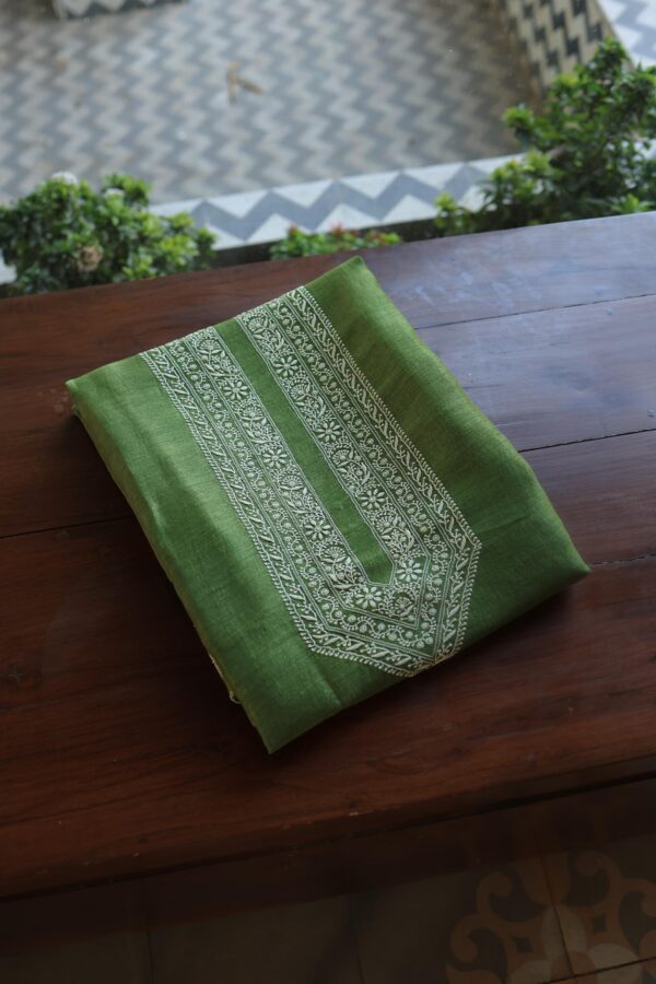 Green Linen Chikankari Unstitched Men's Kurta Fabric - Image 7