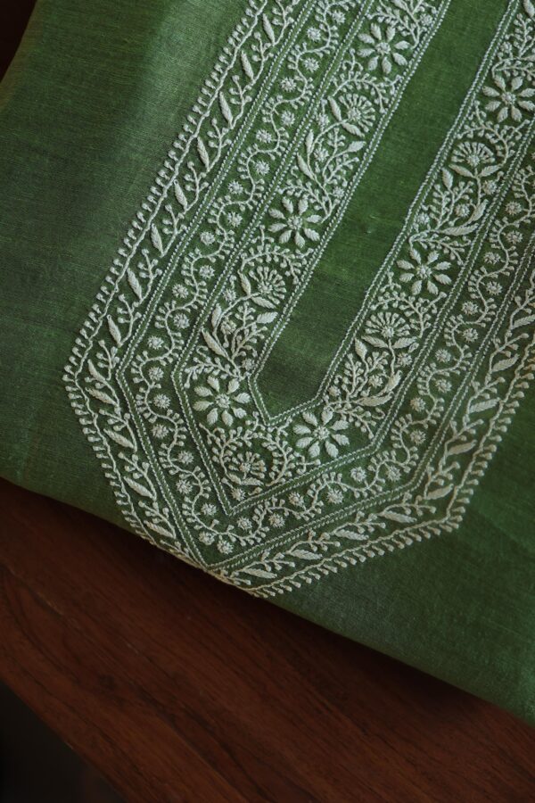 Green Linen Chikankari Unstitched Men's Kurta Fabric - Image 9
