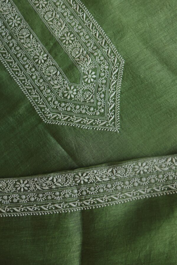 Green Linen Chikankari Unstitched Men's Kurta Fabric - Image 4