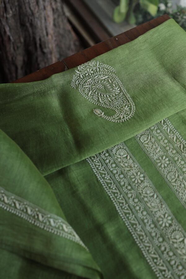 Green Linen Chikankari Unstitched Men's Kurta Fabric - Image 6
