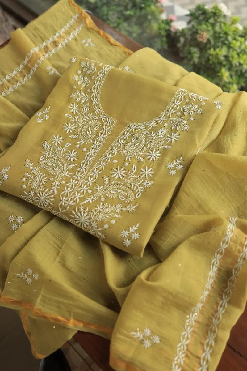 Green Mal Cotton Chikankari Unstitched Kurta Dupatta Fabrics With Kamdani