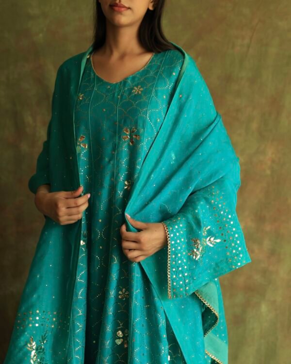 Green Noor Organza Badla Anarkali With Dupatta - Image 2