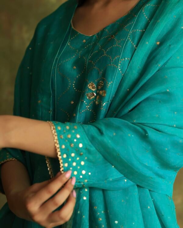 Green Noor Organza Badla Anarkali With Dupatta - Image 7