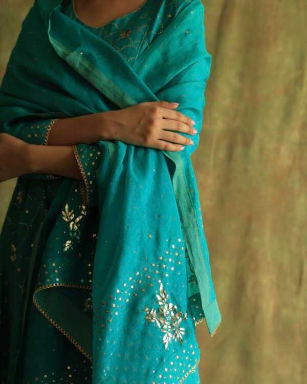 Green Noor Organza Badla Anarkali With Dupatta - Image 3