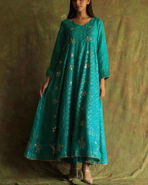 Green Noor Organza Badla Anarkali With Dupatta - Image 8