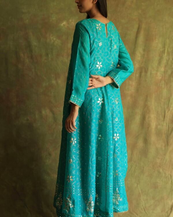 Green Noor Organza Badla Anarkali With Dupatta - Image 9