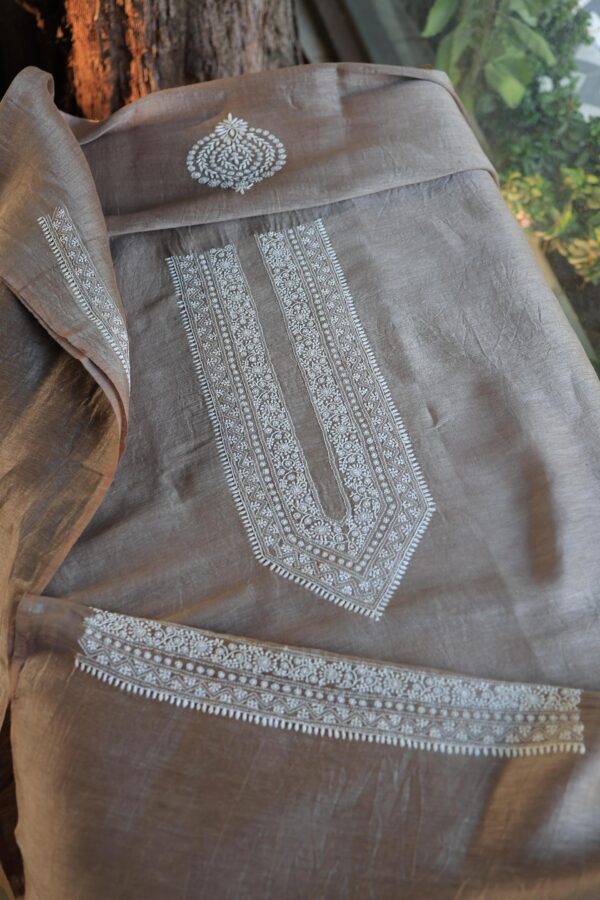 Grey Linen Chikankari Unstitched Men's Kurta Fabric - Image 2