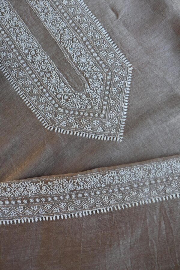 Grey Linen Chikankari Unstitched Men's Kurta Fabric - Image 3