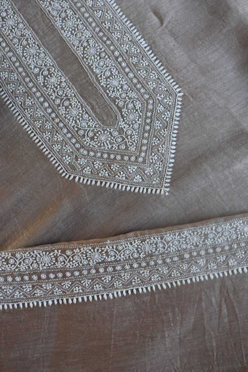 Grey Linen Chikankari Unstitched Men's Kurta Fabric