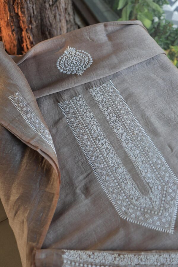 Grey Linen Chikankari Unstitched Men's Kurta Fabric - Image 4