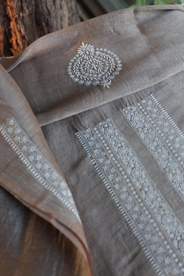 Grey Linen Chikankari Unstitched Men's Kurta Fabric