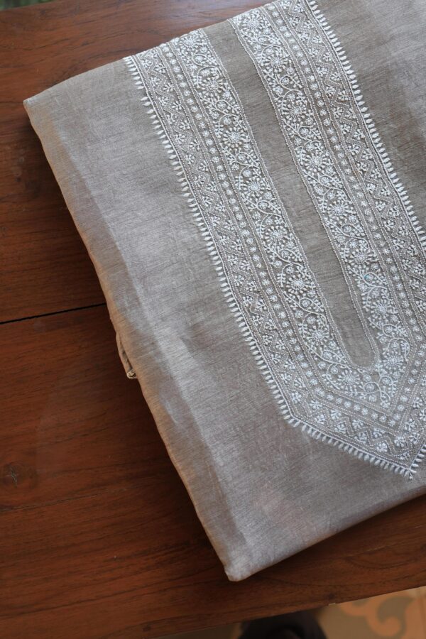 Grey Linen Chikankari Unstitched Men's Kurta Fabric - Image 7