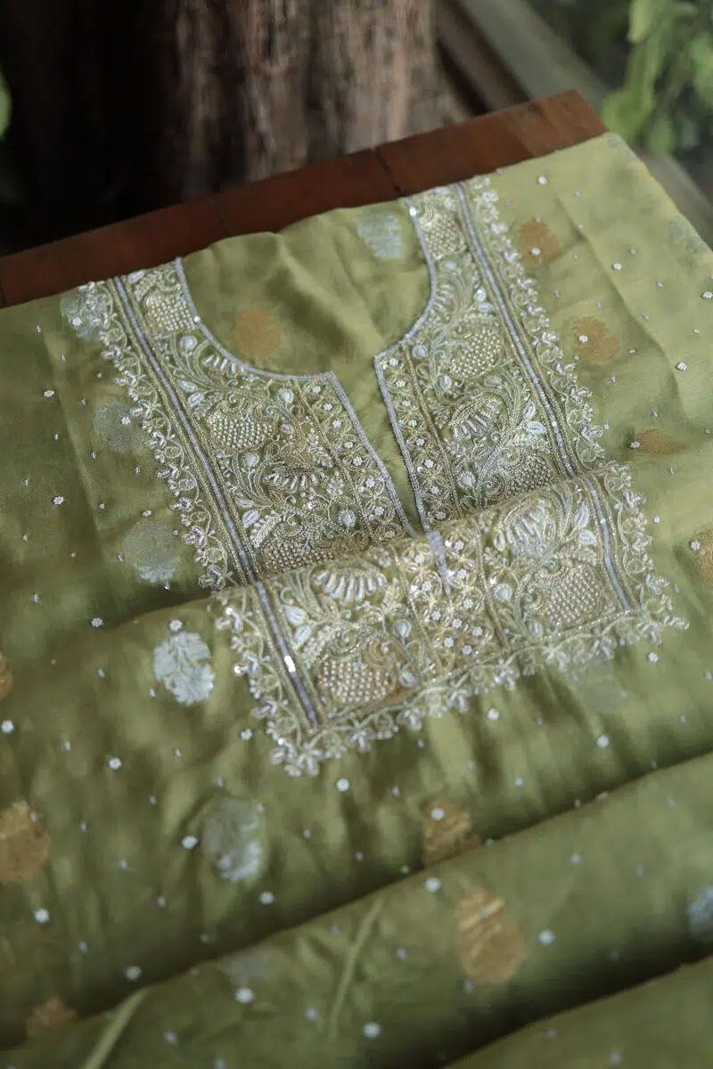Hazel Green Banarasi Zari Chanderi Unstitched Chikankari Fabrics