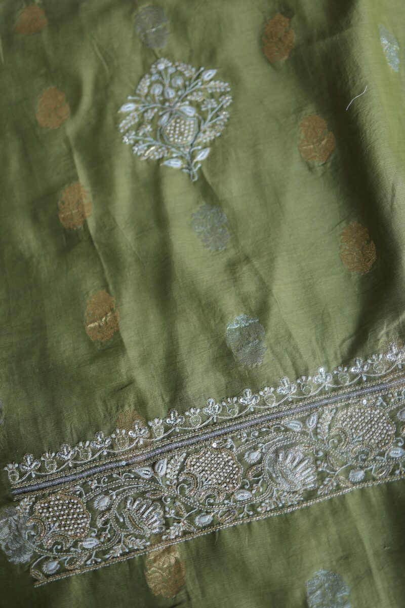 Hazel Green Banarasi Zari Chanderi Unstitched Chikankari Fabrics