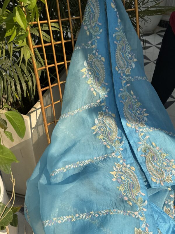 Blue Noor Organza Fine Resham Chikankari Saree - Image 8
