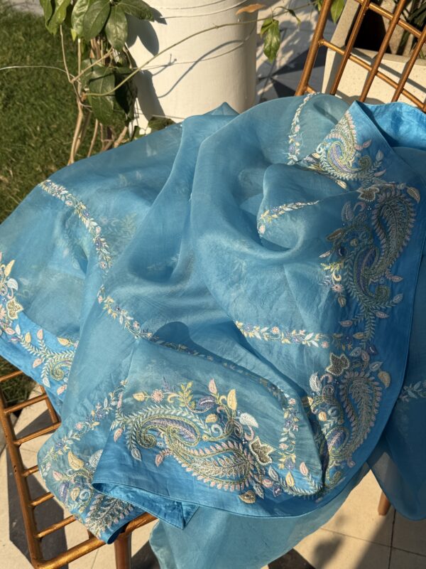Blue Noor Organza Fine Resham Chikankari Saree - Image 2