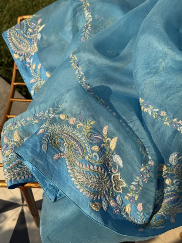 Blue Noor Organza Fine Resham Chikankari Saree - Image 4