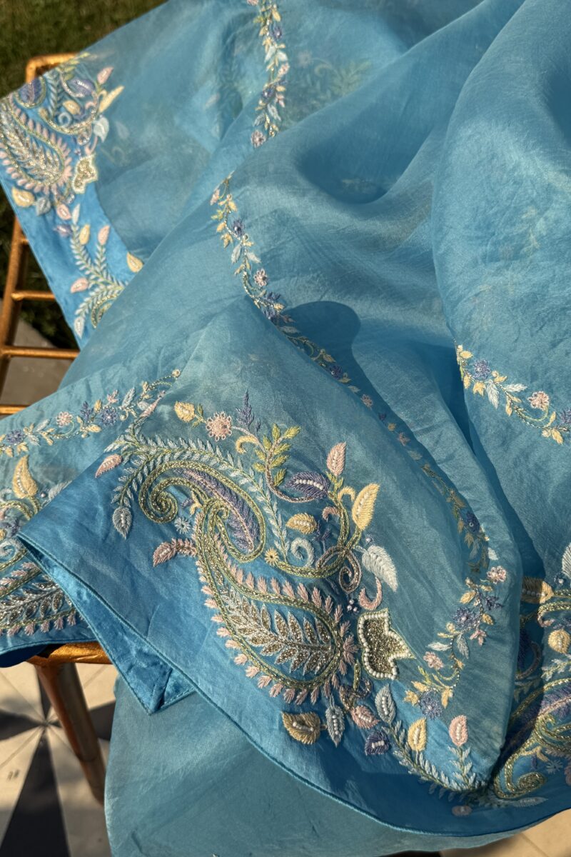 Blue Noor Organza Fine Resham Chikankari Saree