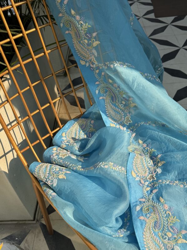 Blue Noor Organza Fine Resham Chikankari Saree - Image 6