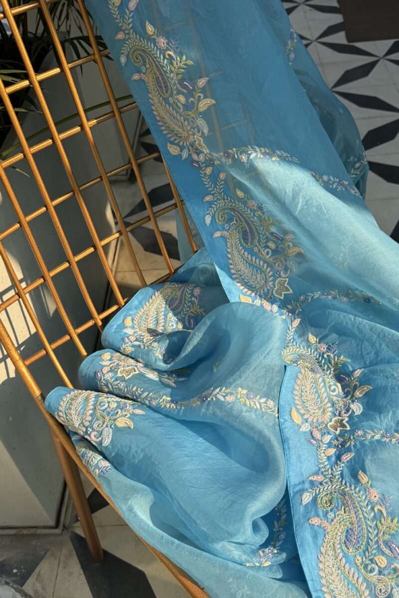 Blue Noor Organza Fine Resham Chikankari Saree